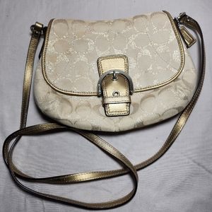 Coach Metallic Gold Beige Signature Small Crossbody Bag Purse Buckle